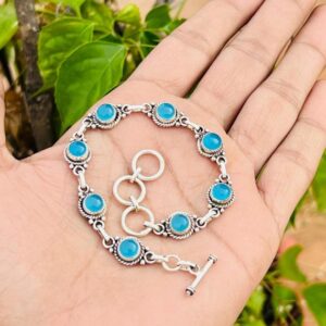 Round Blue Chalcedony Bracelet, Adjustable Jewelry,  925 Sterling Silver Designer Bracelet