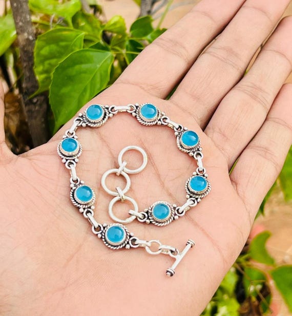 Round Blue Chalcedony Bracelet, Adjustable Jewelry,  925 Sterling Silver Designer Bracelet