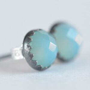 blue chalcedony 6mm checkerboard cut sterling silver stud earrings pair