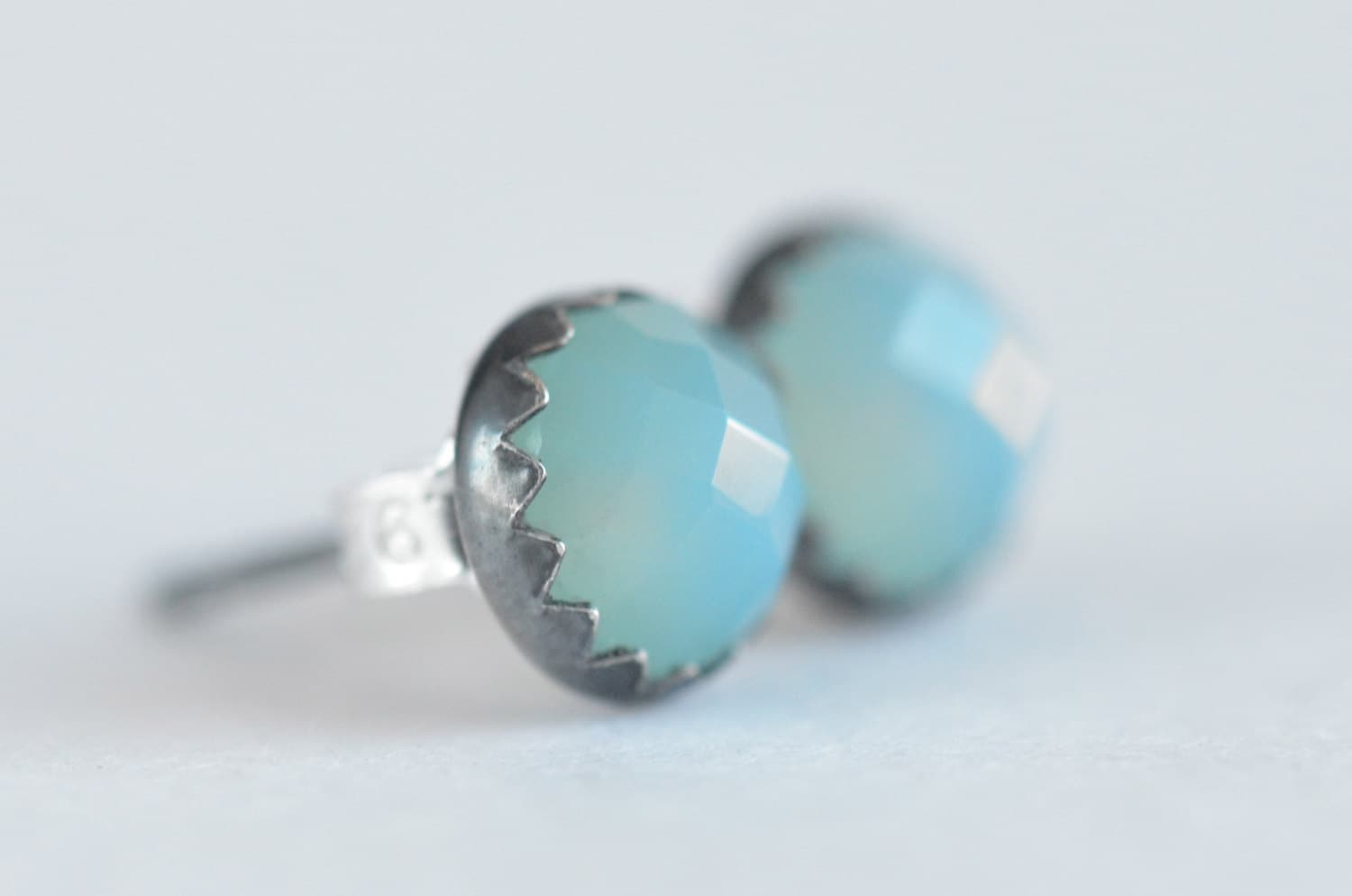 Blue Chalcedony 6mm Checkerboard Cut Sterling Silver Stud Earrings Pair Blue Chalcedony 6mm Checkerboard Cut Sterling Silver Stud Earrings Pair