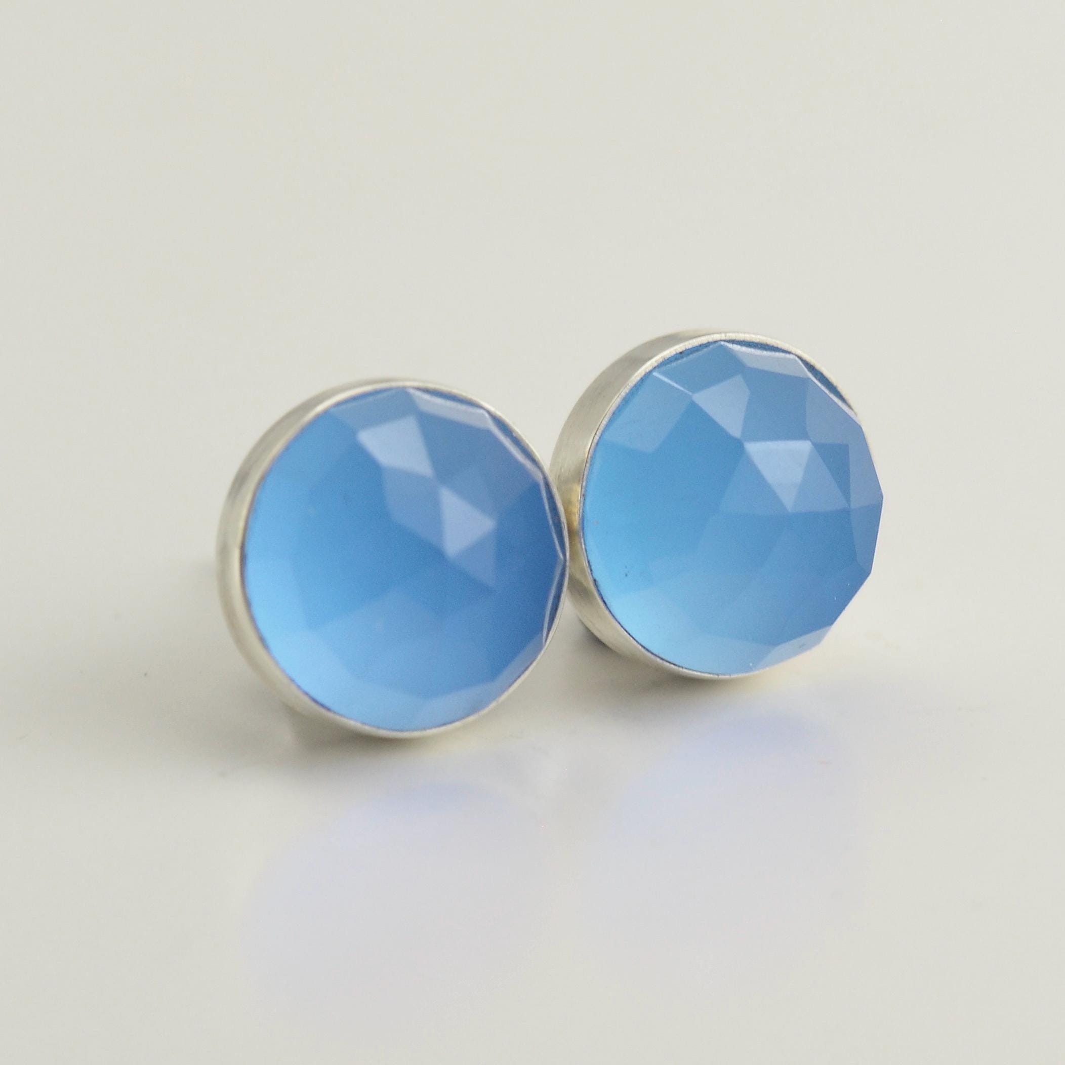 Blue Chalcedony 8mm Rose Cut Sterling Silver Stud Earrings Pair