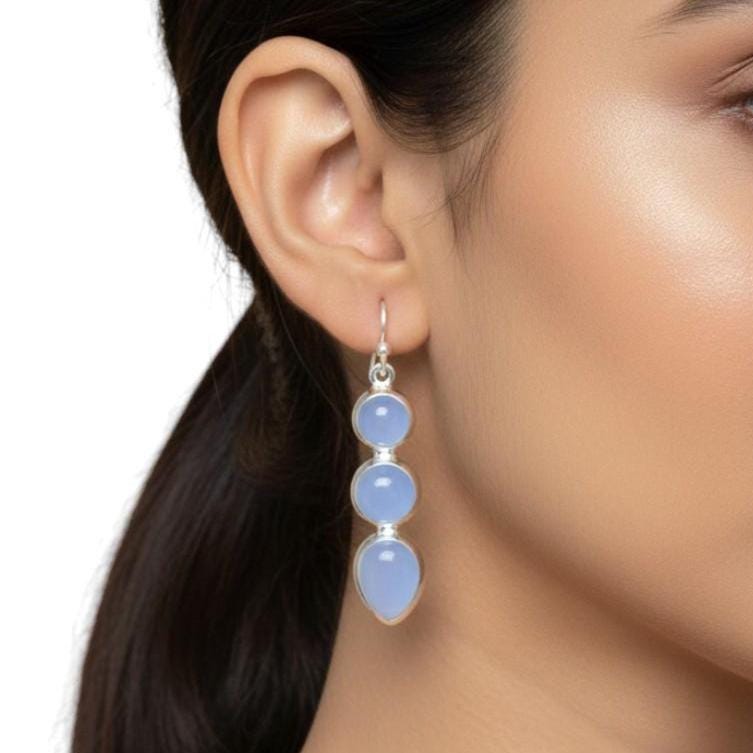 Blue Chalcedony 925 Sterling Silver Hook Earrings: 3 Stone Design Blue Chalcedony 925 Sterling Silver Hook Earrings: 3 Stone Design
