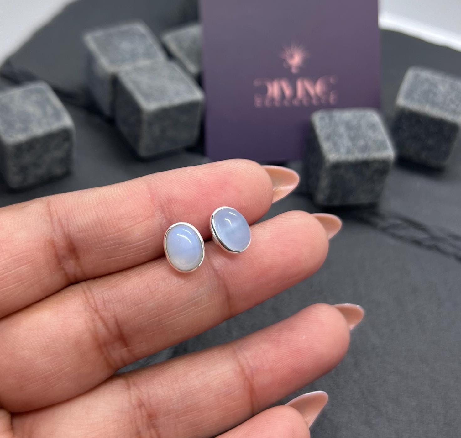 Blue Chalcedony 925 Sterling Silver Oval Shape Gemstone Stud Earring