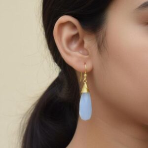 Blue Chalcedony 925 Sterling Silver 18 Ct Gold Overlay Gemstone hook Earring