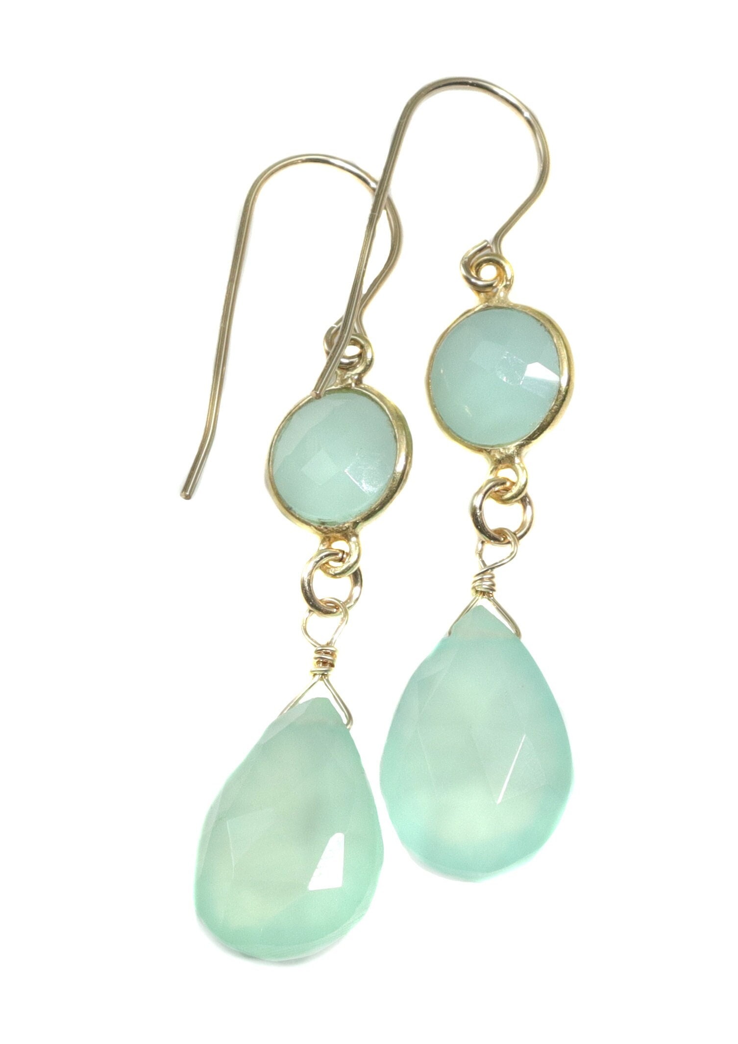 Aqua Blue Chalcedony Earrings 14k Solid Gold Or Filled Teardrop Pear Faceted Double Bezel Drops Simple Natural Soft Blue Classic Daily