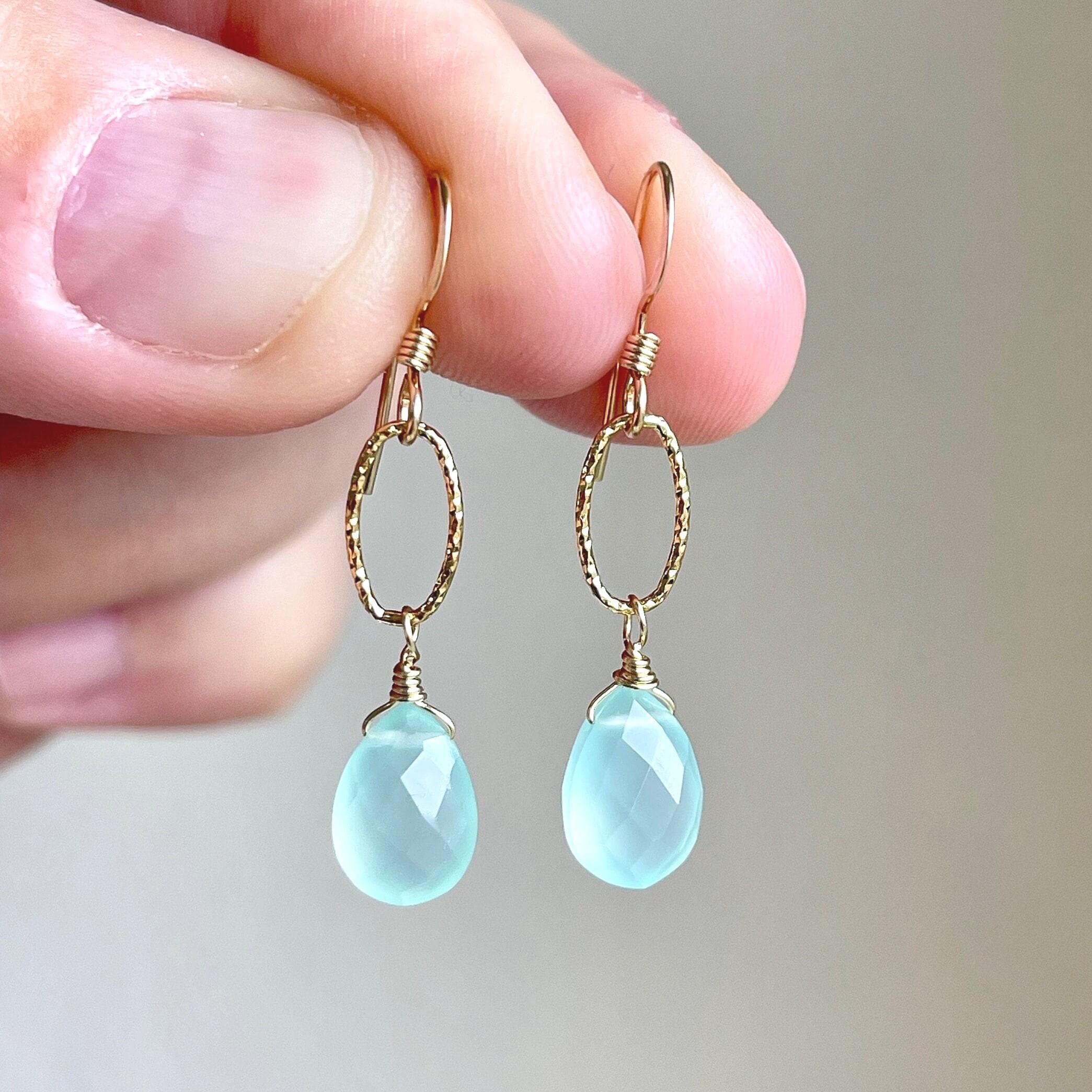 Blue Chalcedony Earrings, Aqua Teardrop Earrings, Minimalist Dangle Earrings In Gold Or Silver, Summer Earrings For Her, Mother's Day Gift