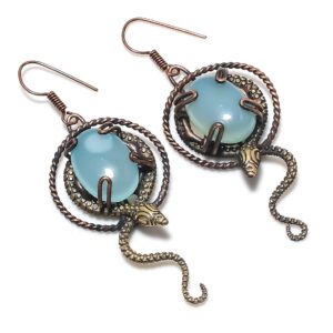Blue Chalcedony Earrings, Copper Wire Wrapped Earrings Copper Snake Jewelry Dangle Earrings Gift For Mom Wife & Sister Perfect Gift For Her