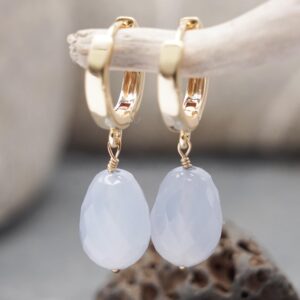 Blue Chalcedony Earrings: Faceted Gemstone Dangle, 14k Gold-filled Hoops