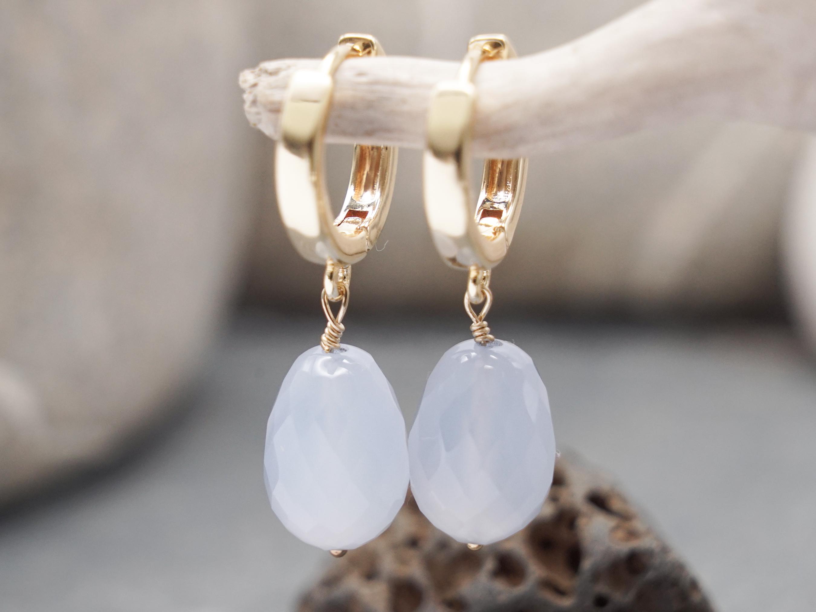 Blue Chalcedony Earrings: Faceted Gemstone Dangle, 14k Gold-filled Hoops
