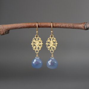 Blue Chalcedony Earrings - Blue Gemstone Earrings - Blue And Gold Earrings - Gold Filigree Earrings - Gold Wire Wrapped Earrings