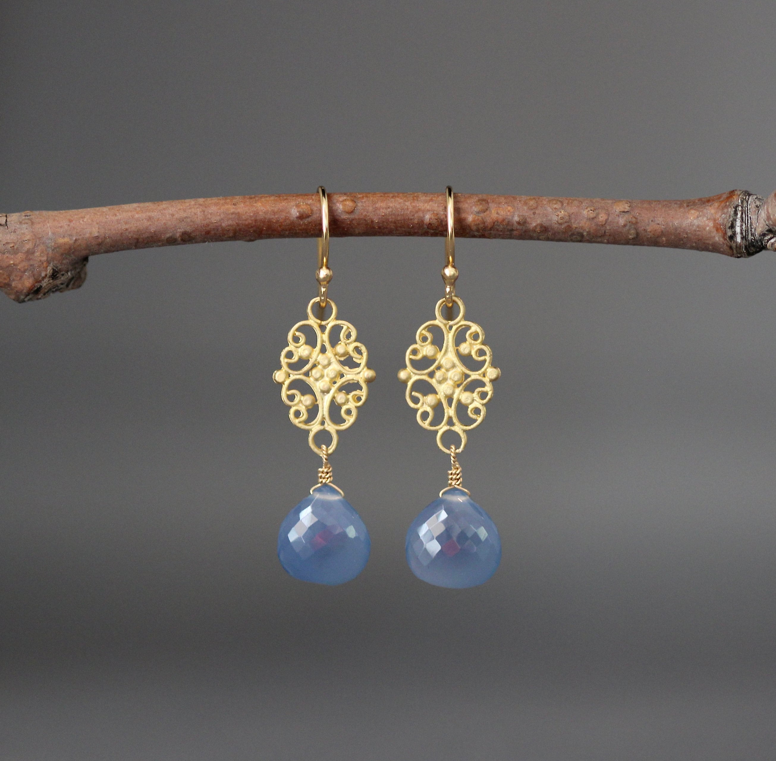 Blue Chalcedony Earrings - Blue Gemstone Earrings - Blue And Gold Earrings - Gold Filigree Earrings - Gold Wire Wrapped Earrings Blue Chalcedony Earrings - Blue Gemstone Earrings - Blue And Gold Earrings - Gold Filigree Earrings - Gold Wire Wrapped Earrings
