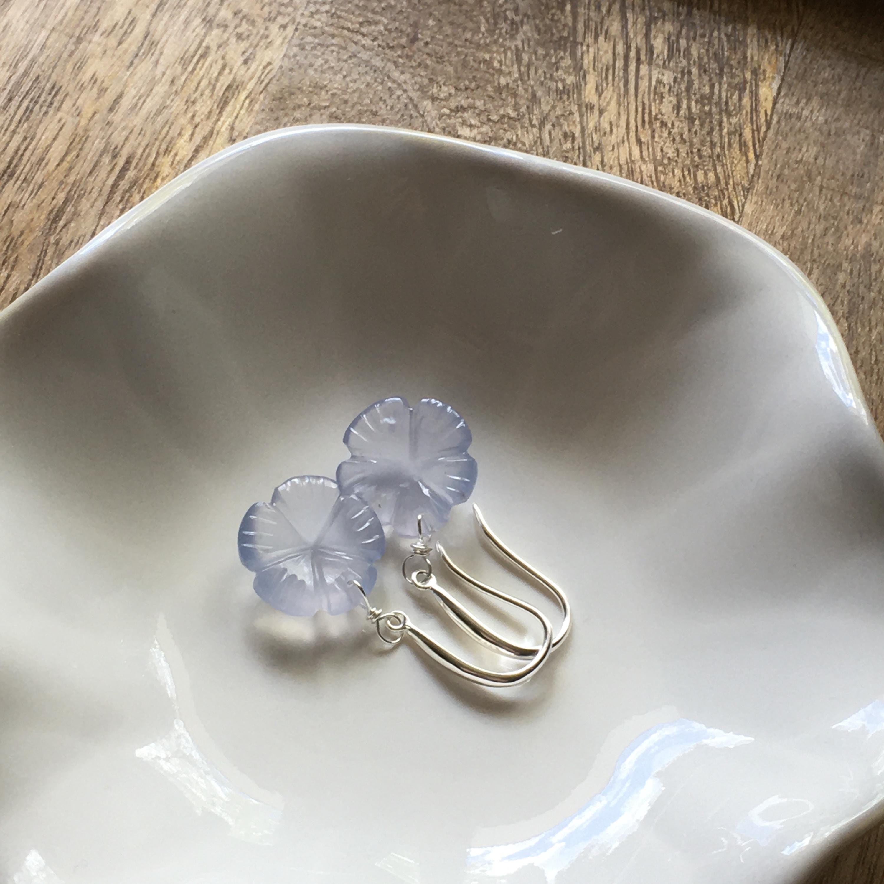 Blue Chalcedony Gemstone Flower Earrings