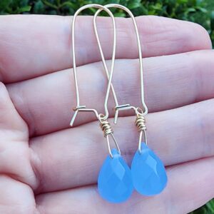 Blue Chalcedony Gemstone Earrings Gold, Small Blue Teardrop Gemstone Dangle Earrings, Periwinkle Blue, Cornflower Blue, Kidney Wire Earrings