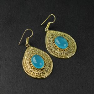 Blue Chalcedony Dangle Drop Earrings, Gold Polish Brass, Wedding Jewelry