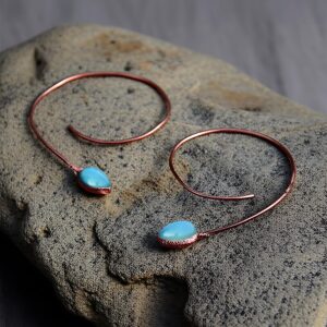 Blue Chalcedony Gemstone Earrings Heart Earrings Wedding Earrings Copper Earrings Huggie Earrings Hoop Earrings Boho Earrings