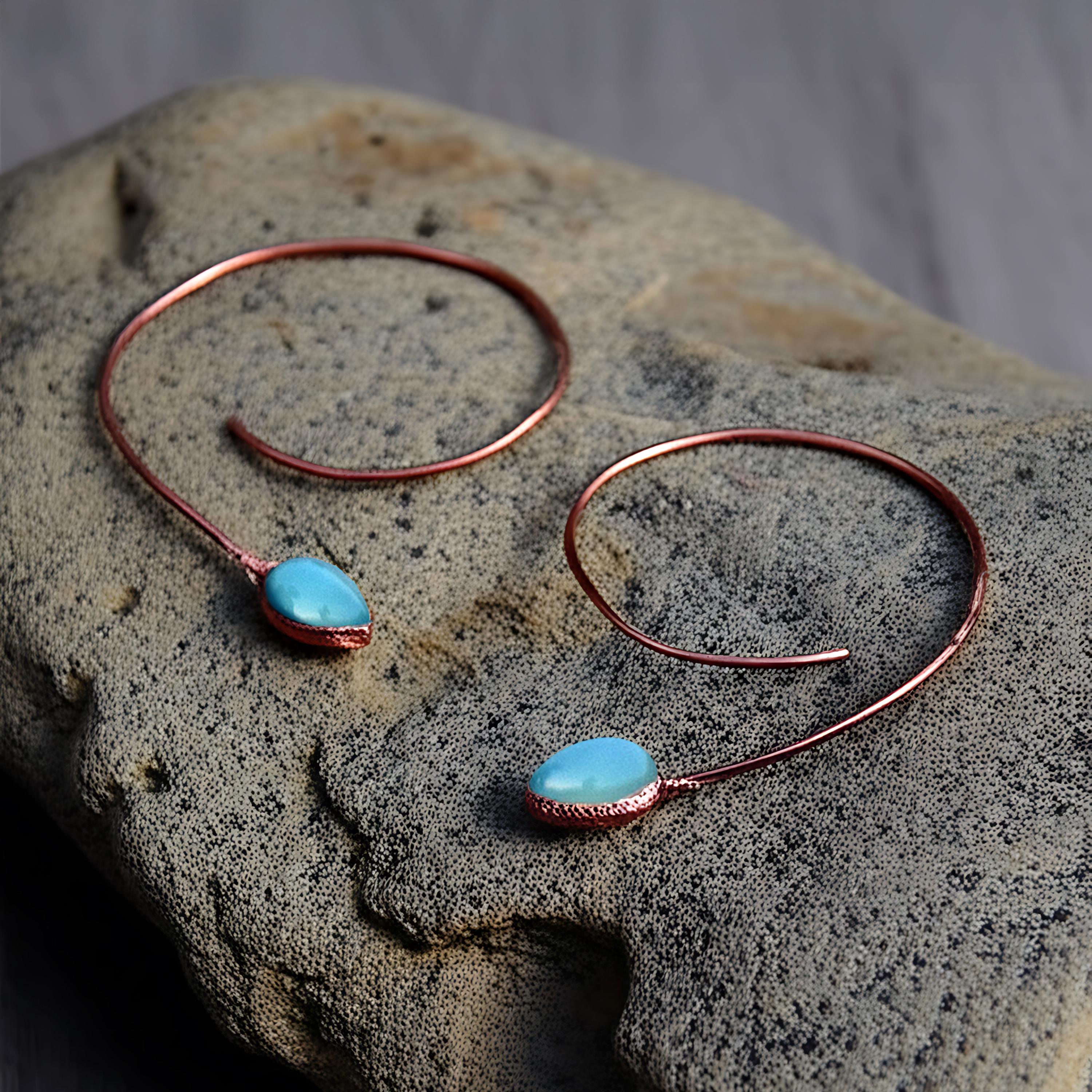 Blue Chalcedony Gemstone Earrings Heart Earrings Wedding Earrings Copper Earrings Huggie Earrings Hoop Earrings Boho Earrings
