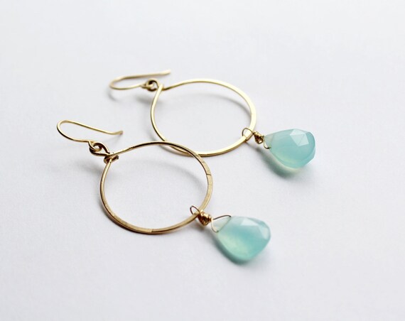 Blue Chalcedony Earrings, Gemstone Hoop Earrings, Chalcedony Hoop Earrings, Blue Earrings, Stone Hoop Earrings, Dangle Hoop Earrings Gold