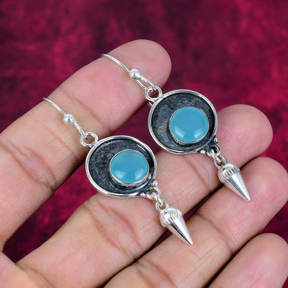 Blue Chalcedony Gemstone Silver Jewelry 925 Sterling Silver Handmade Earrings Healing Jewelry Jewelry Design Earrings Anniversary Gift