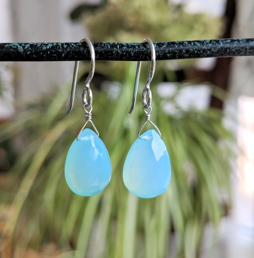 Blue Chalcedony Earrings, Genuine Gemstone Dangle Light Blue Earrings, Silver Jewelry, Birthday & Christmas Gifts For Her