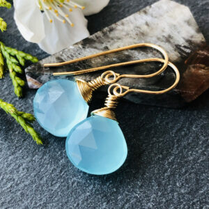 Blue Chalcedony Earrings, Gold Filled Wire Wrapped Gemstone Dangles 6833
