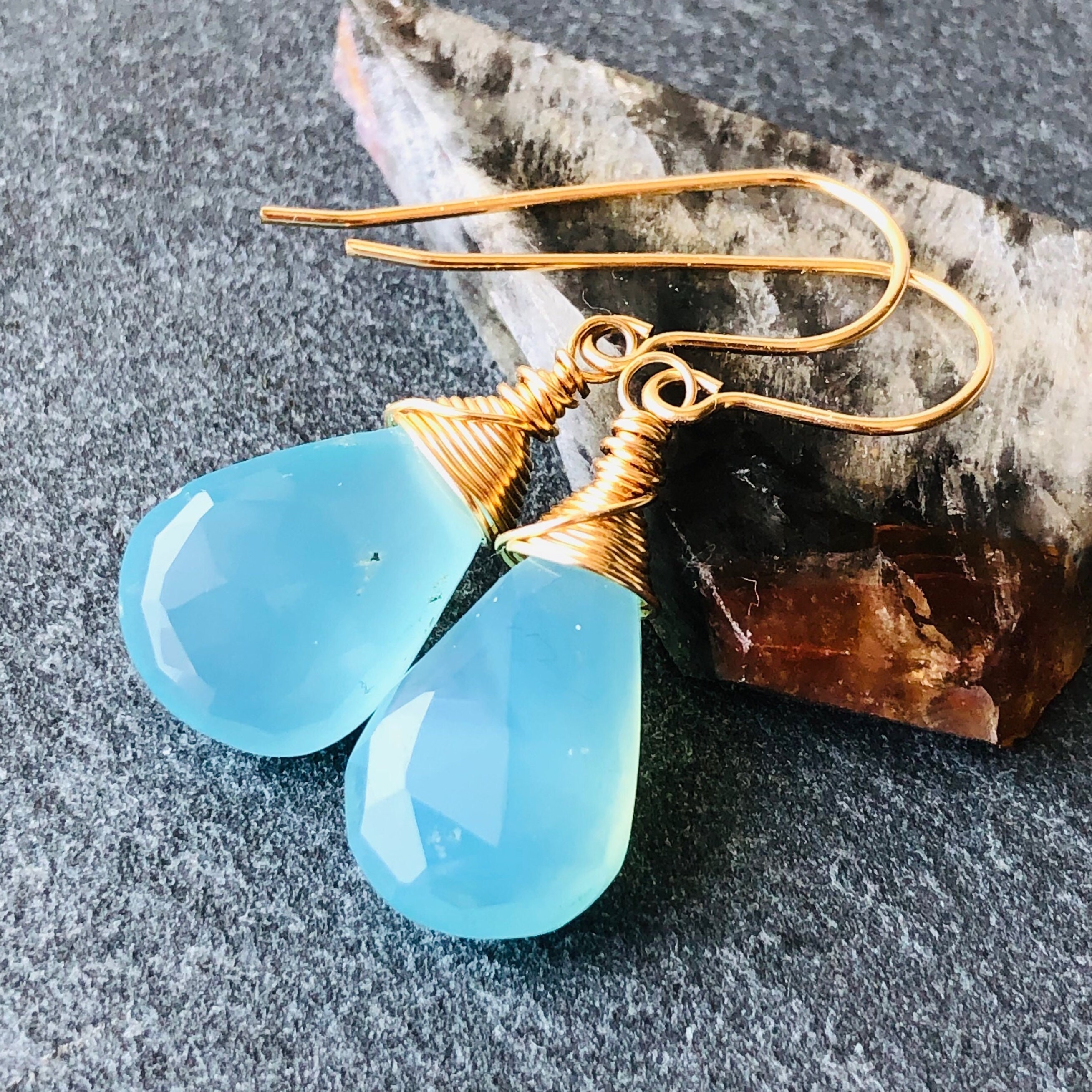 Blue Chalcedony Gold Filled Sterling Silver Earrings Wire Wrapped Natural Gemstone Simple Dangle Drops Birthday Holiday Gift For Her 5245