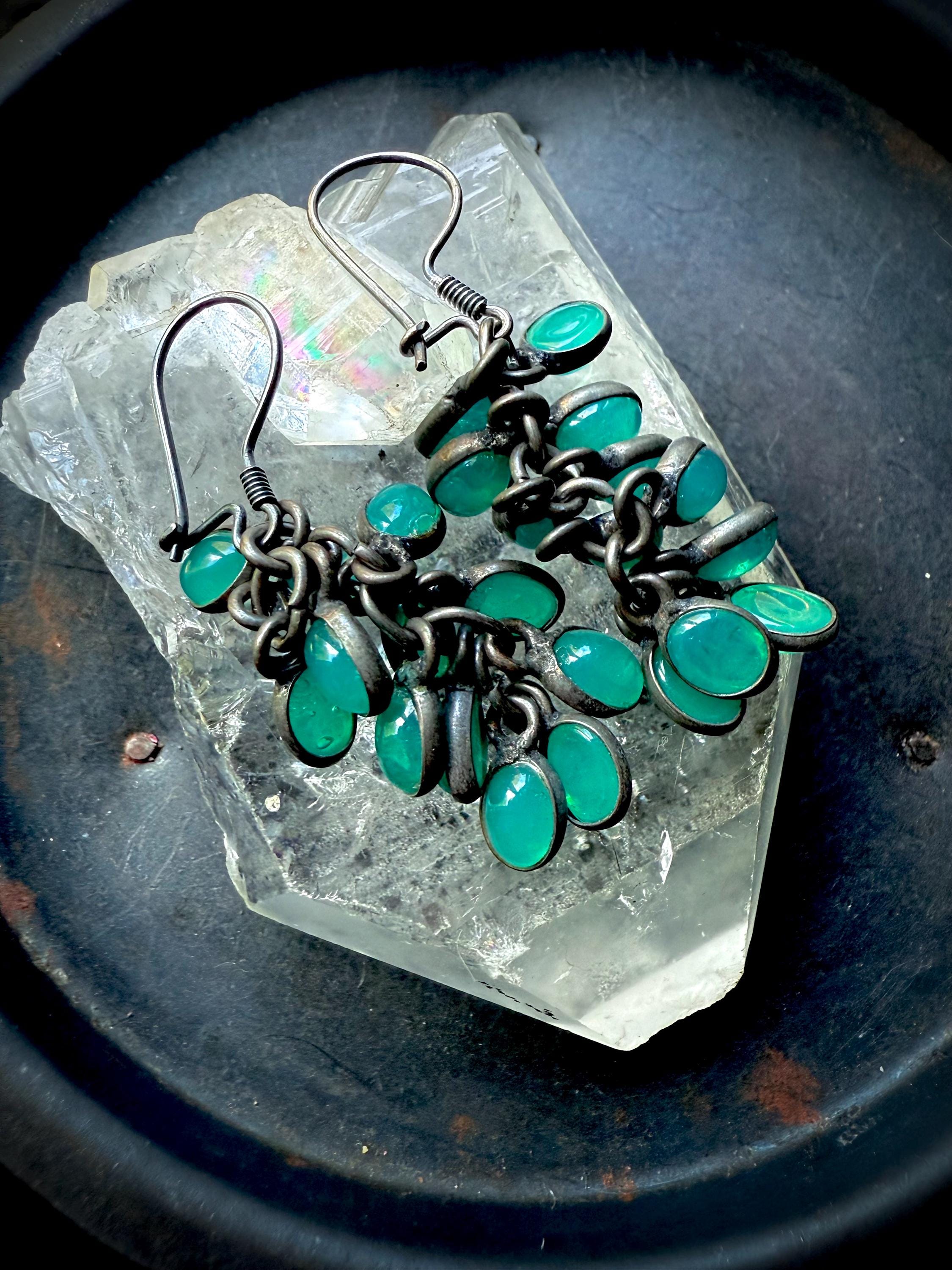Peruvian Blue Chalcedony Earrings, Blackened Sterling Silver Dangles Peruvian Blue Chalcedony Earrings, Blackened Sterling Silver Dangles