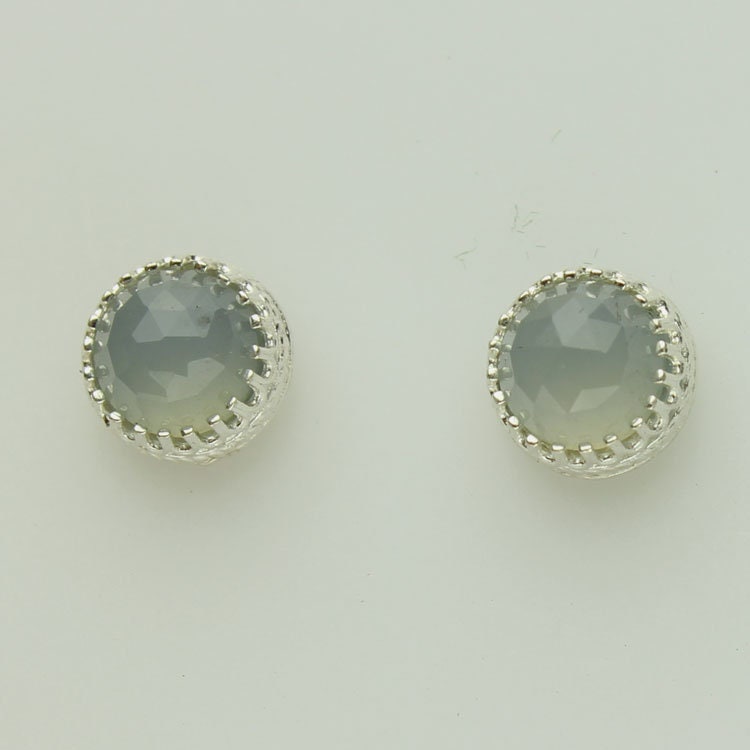 Blue Chalcedony Earrings, Rose Cut Faceted Blue Gemstones, Sterling Silver, Studs, Posts