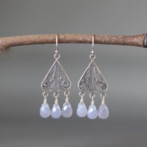 Blue Chalcedony Earrings - Silver Chandelier Earrings - Silver Filigree Earrings - Bali Silver Earrings - Silver Wire Wrapped Earrings