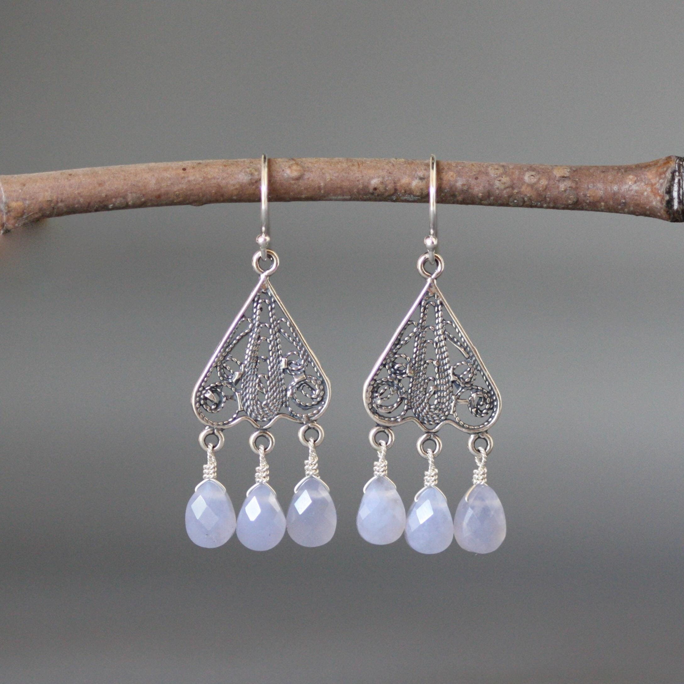 Blue Chalcedony Earrings - Silver Chandelier Earrings - Silver Filigree Earrings - Bali Silver Earrings - Silver Wire Wrapped Earrings