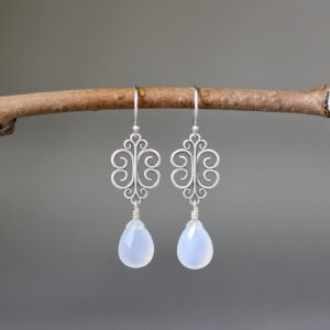 Blue Chalcedony Earrings - Silver Filigree Earrings - Silver Dangle Earrings - Bali Silver Earrings - Silver Wire Wrapped Earrings