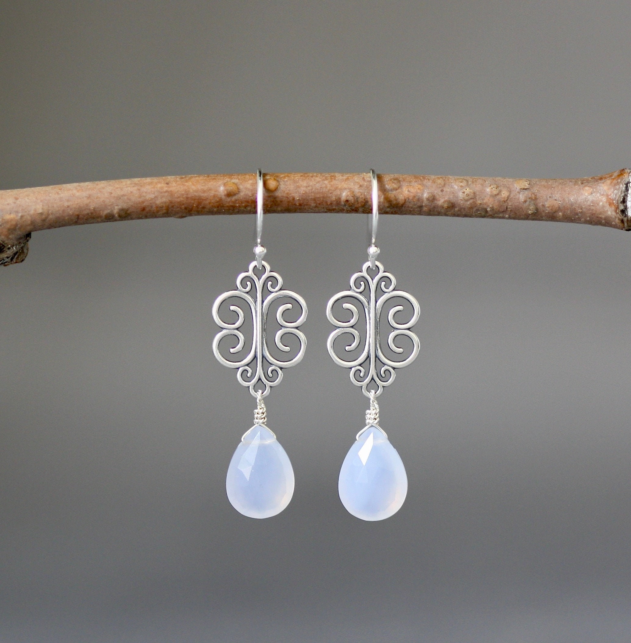 Blue Chalcedony Earrings - Silver Filigree Earrings - Silver Dangle Earrings - Bali Silver Earrings - Silver Wire Wrapped Earrings