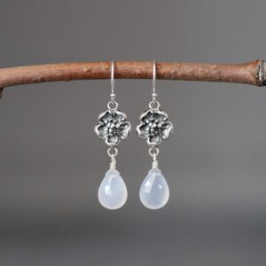 Blue Chalcedony Earrings - Silver Flower Earrings - Silver Dangle Earrings - Bali Silver Earrings - Chandelier Earrings - Wire Wrap Earrings
