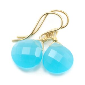 Sky Blue Chalcedony Earrings Teardrop Heart Faceted Sterling Silver Or 14k Solid Gold Or Filled Bright Blue Simple Drops Dainty Design