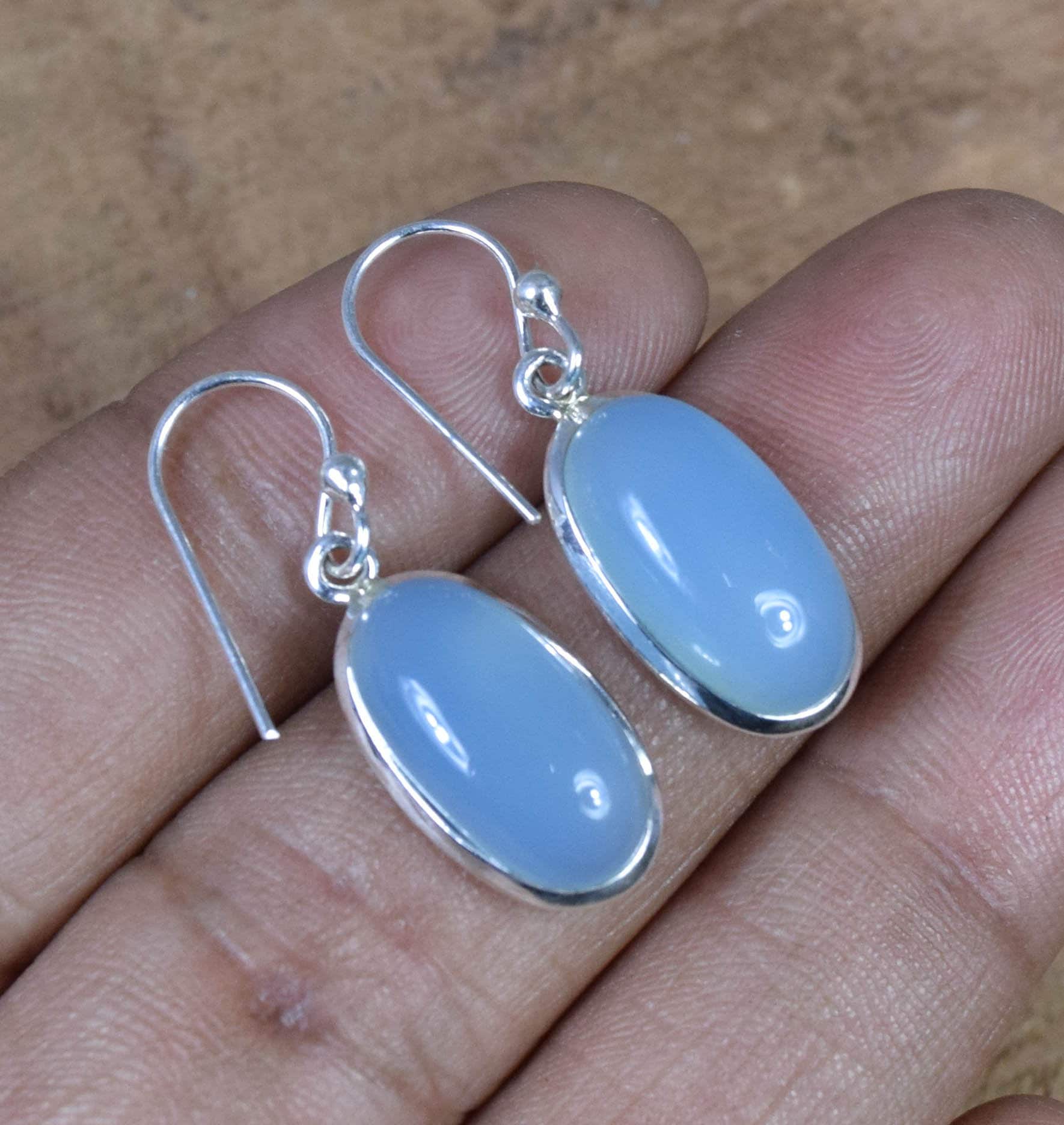 Blue Chalcedony Sterling Silver Hook Earrings - August Birthstone Blue Chalcedony Sterling Silver Hook Earrings - August Birthstone