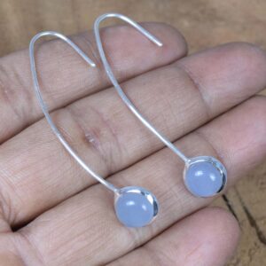 Blue Chalcedony Sterling Silver Wire Earrings: Handmade Round Gemstone Jewelry