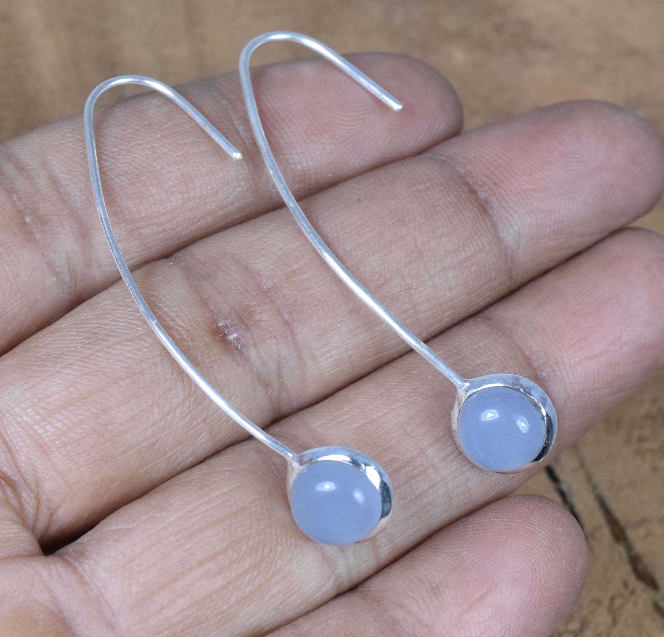 Blue Chalcedony Sterling Silver Wire Earrings: Handmade Round Gemstone Jewelry