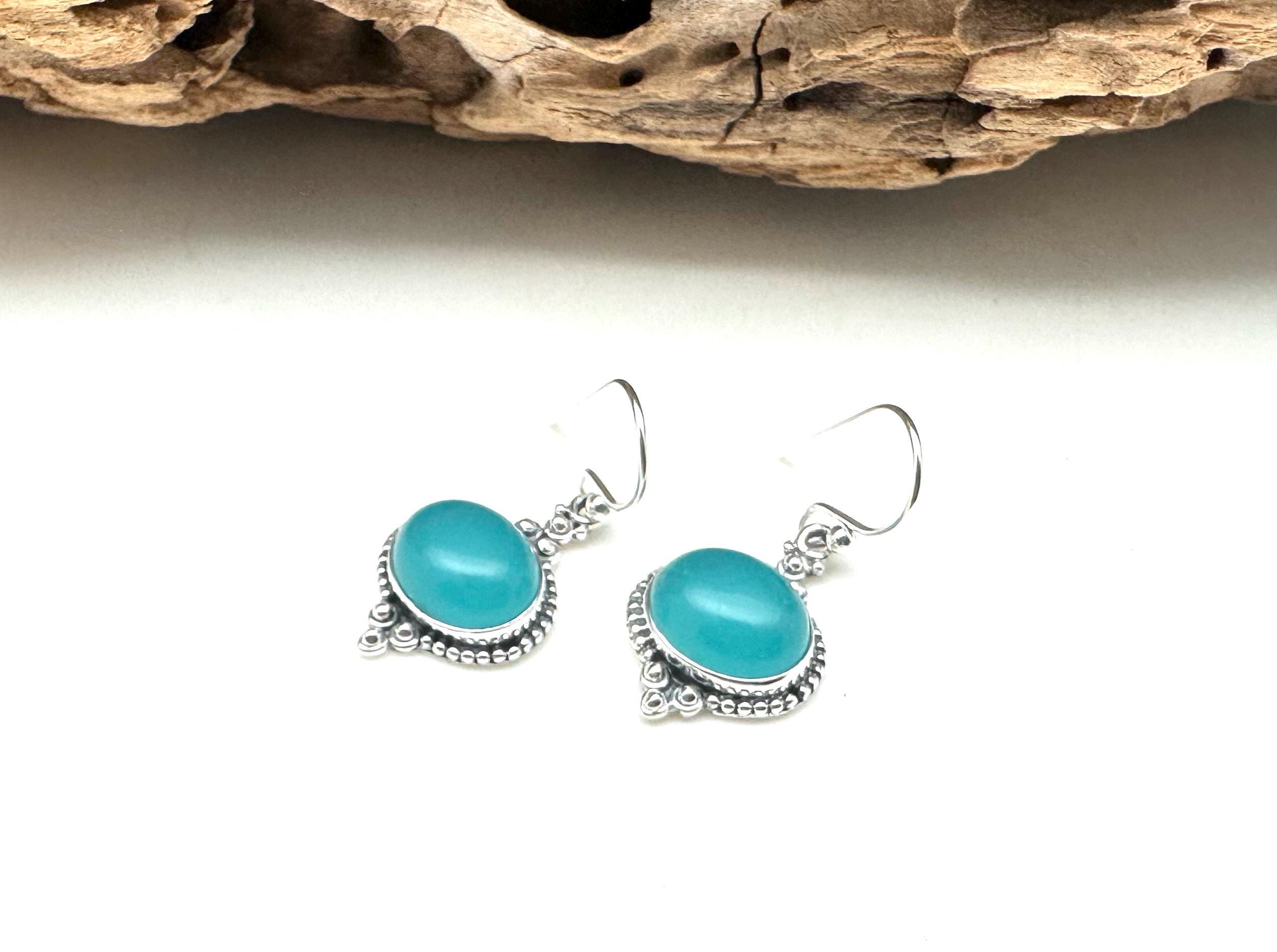 Blue Chalcedony Sterling Silver Earrings, Lavender Oval Gemstone