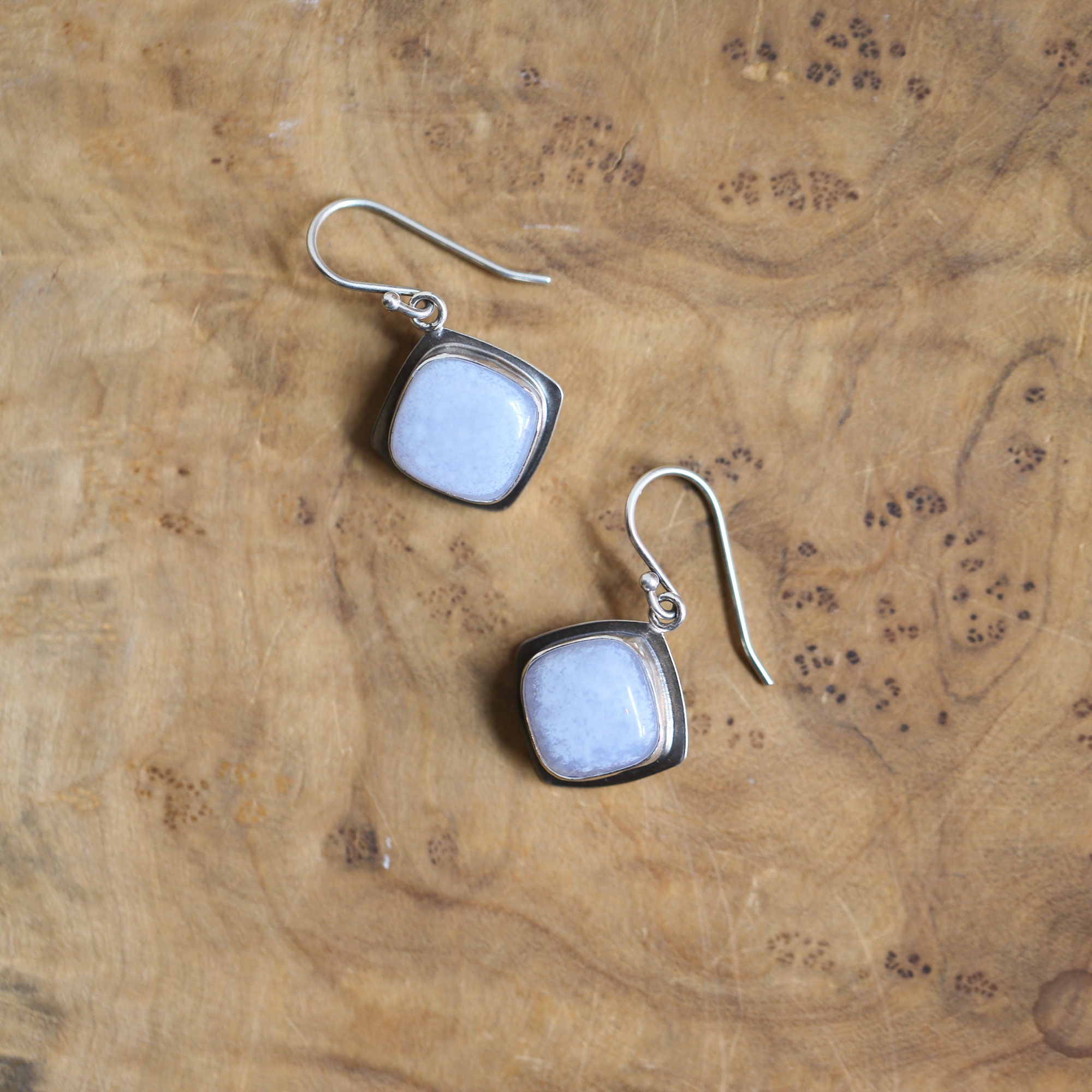 Blue Chalcedony Sterling Silver Drop Earrings – Handmade Cushion Square