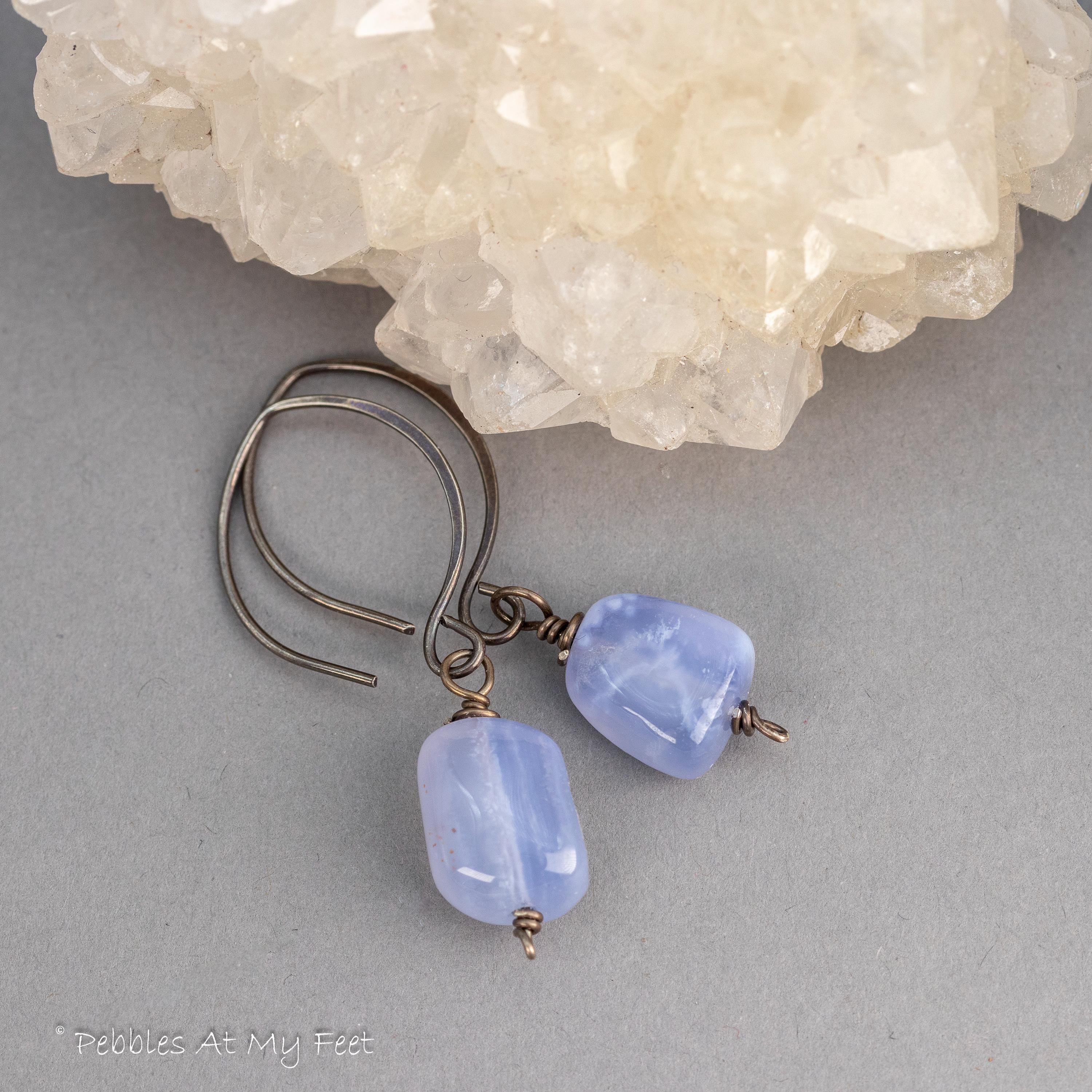 Blue Chalcedony Sterling Silver Pebble Earrings: Handmade Stone Drops