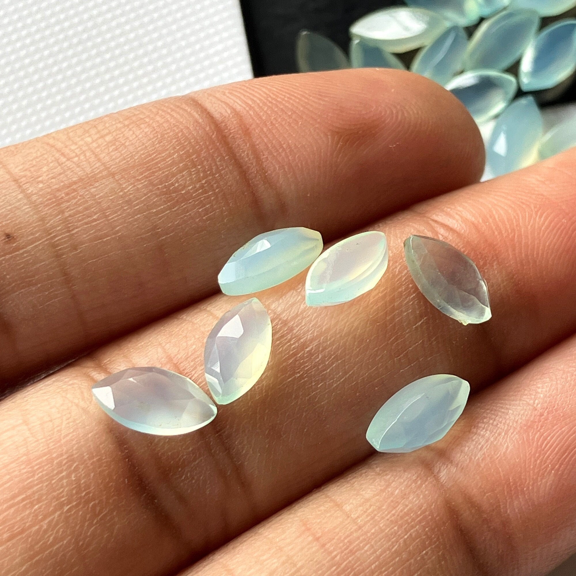 11 Pieces 8x4mm Aqua Chalcedony Marquise Shaped Faceted Rose Cut Loose Gemstones, Flat Back Faceted Marquise Blue Chalcedony, Sku-c7
