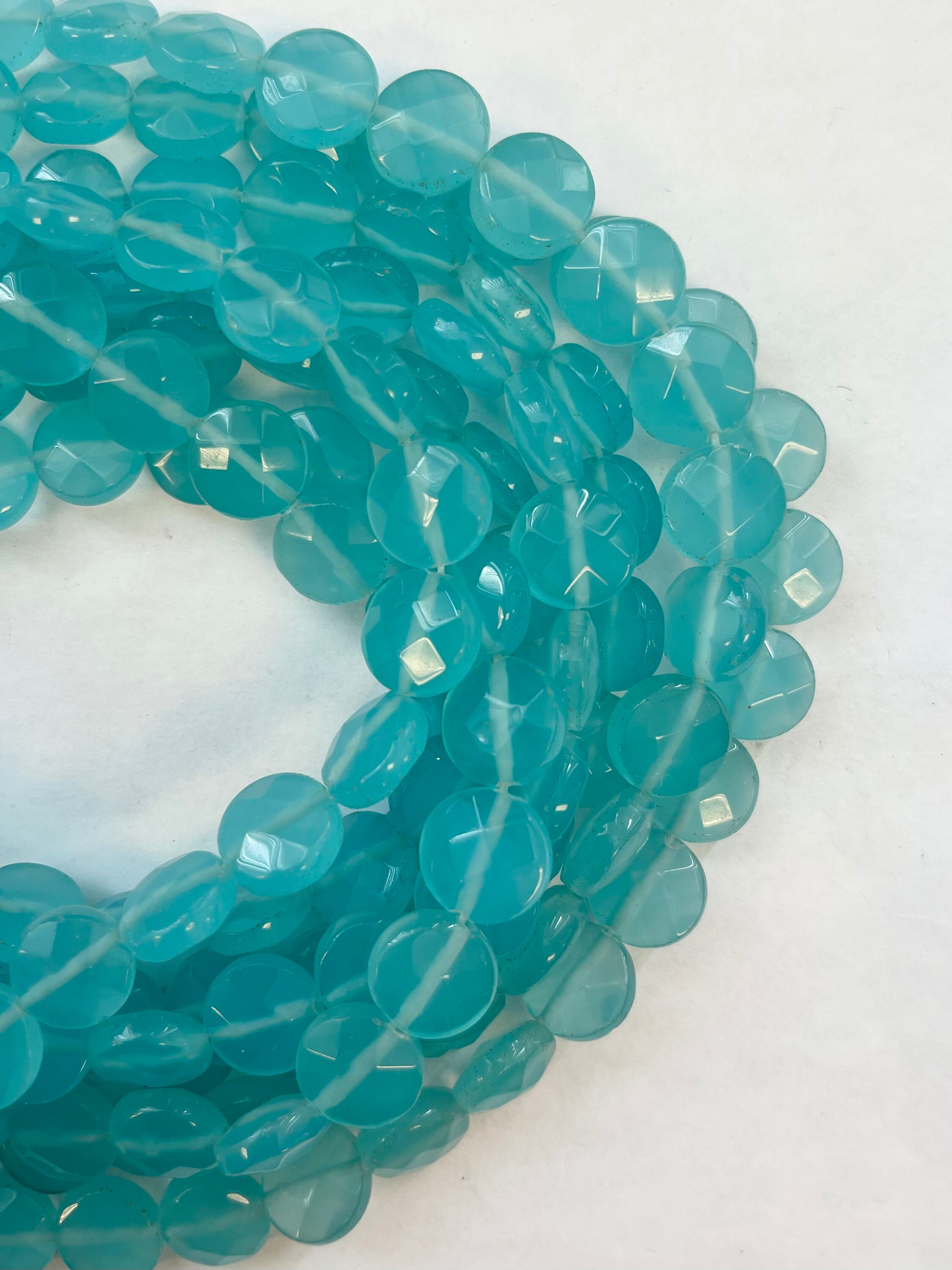 Blue Chalcedony 12x6mm Faceted Coin Gemstone Bead -15.5 Inch Strand-