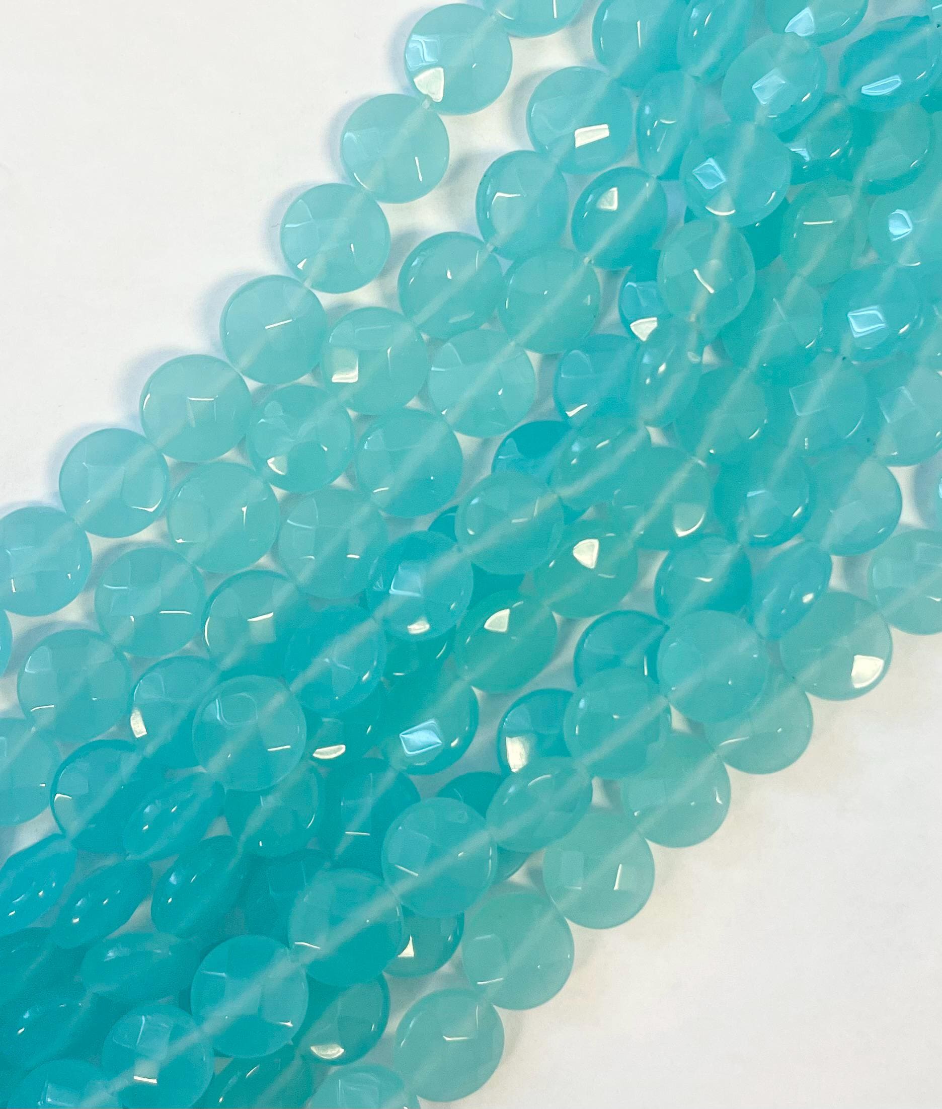 Blue Chalcedony 14x7mm Faceted Coin Gemstone Bead--15.5 Inch Strand