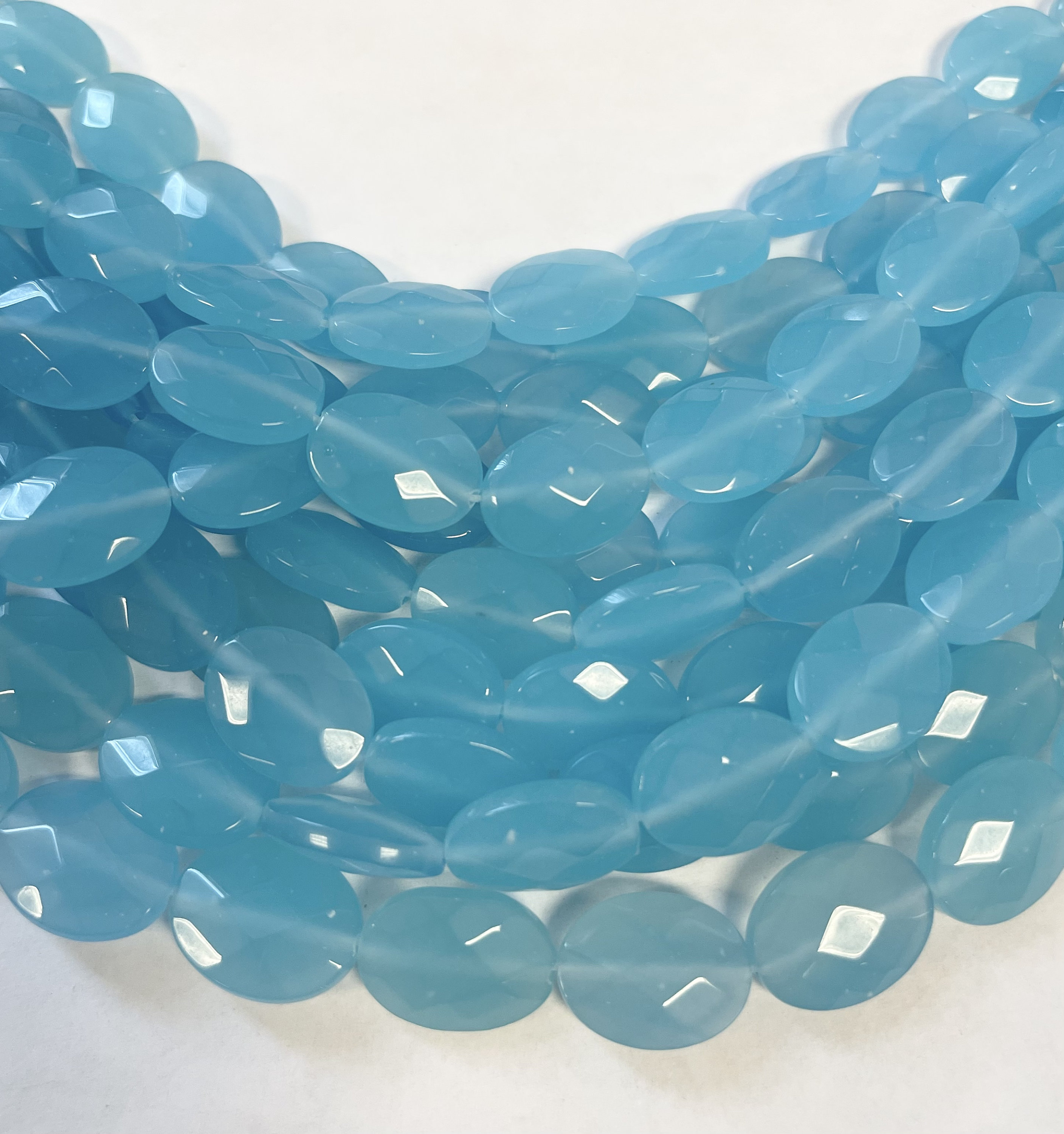Blue Chalcedony 18x13x6mm Flat Faceted Oval Gemstone Bead--15.5 Inch Strand