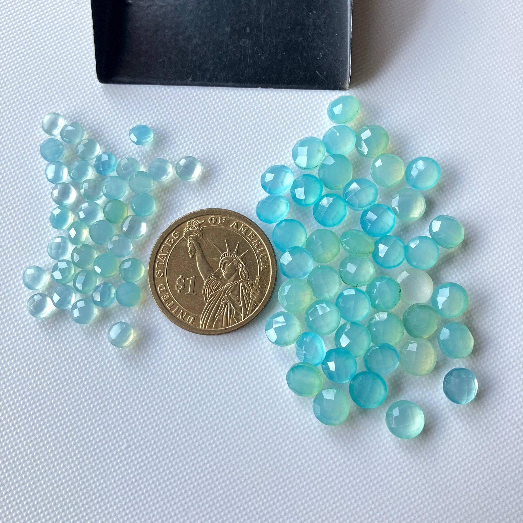 5mm And 7mm Round Shaped Both Side Faceted Tiny Aqua Blue Chalcedony Loose Gemstones, Faceted Round Coin Shape Natural Aqua Chalcedony, Cl87