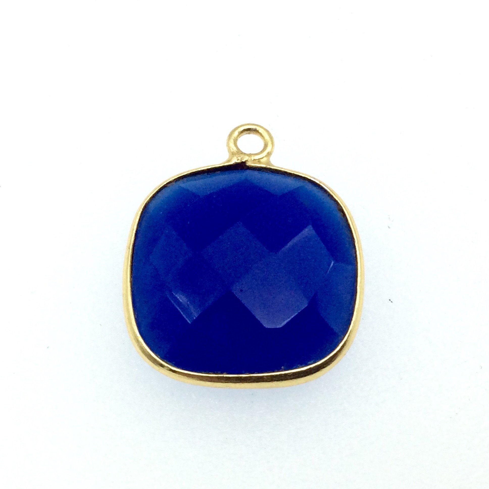 Gold Finish Faceted Cobalt Blue Chalcedony Square Pendant (15mm)