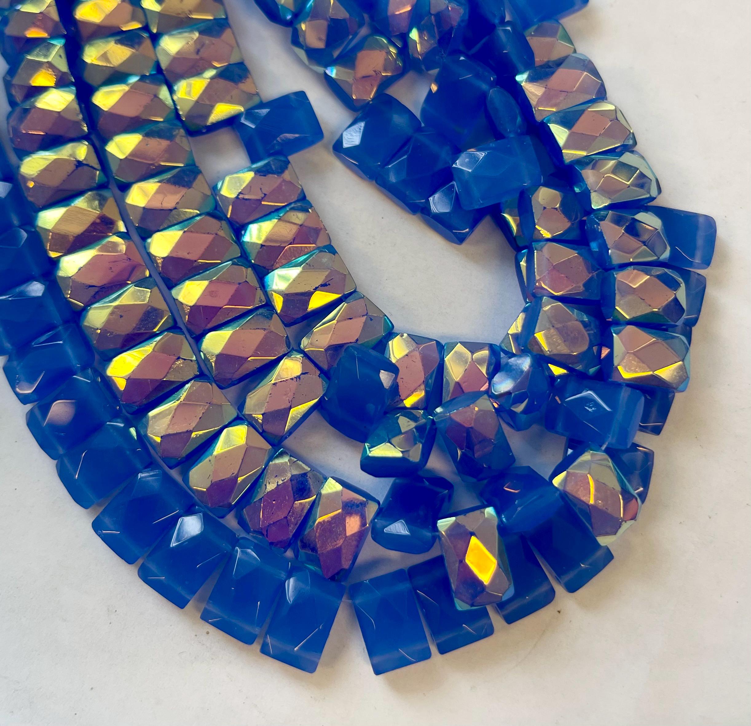 Two Hole Ab Blue Chalcedony 12x8x5mm Faceted Rectangle Gemstone Bead -15.5 Inch Strand