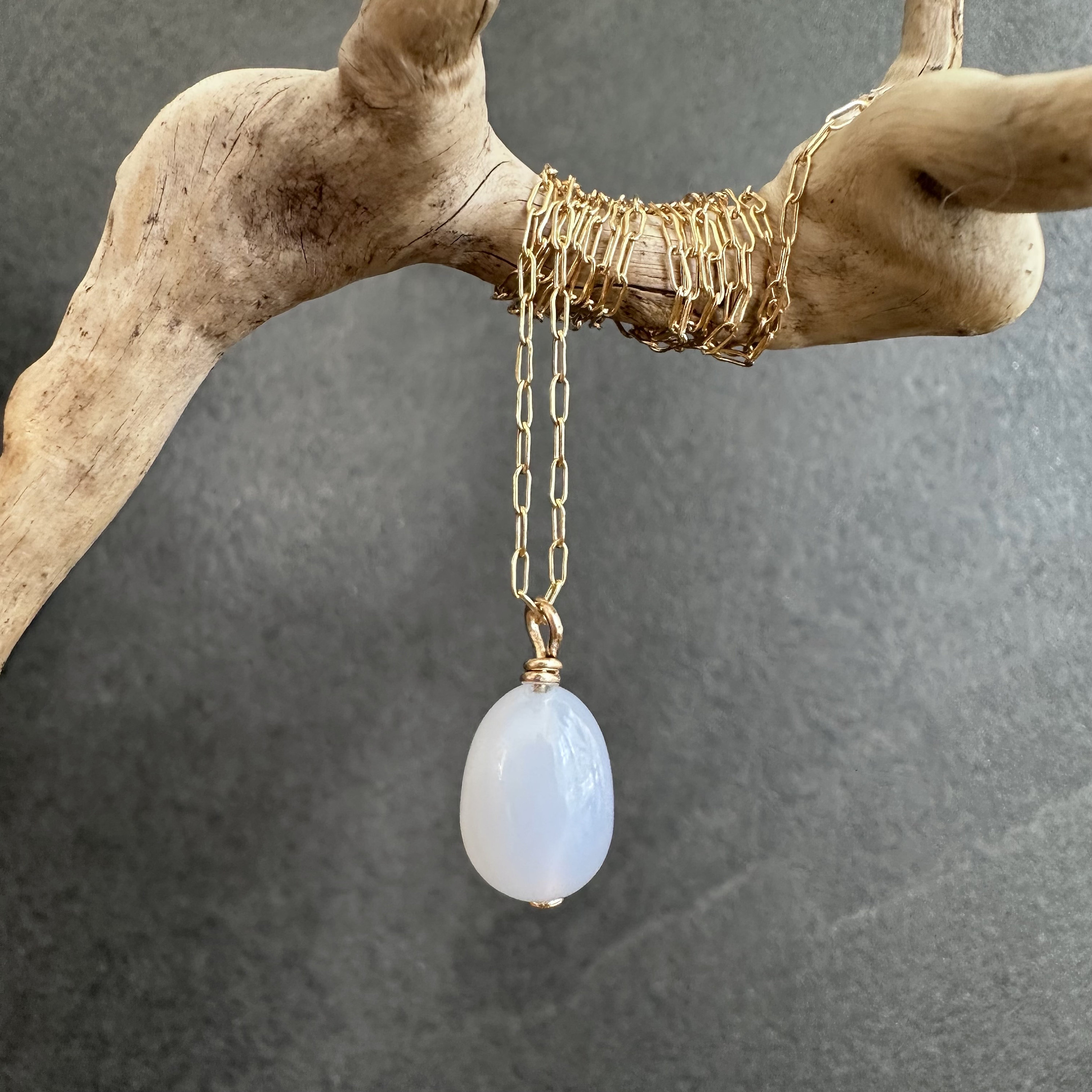 Blue Chalcedony Necklace: 14k Gold-filled Paperclip Chain, Gemstone Drop