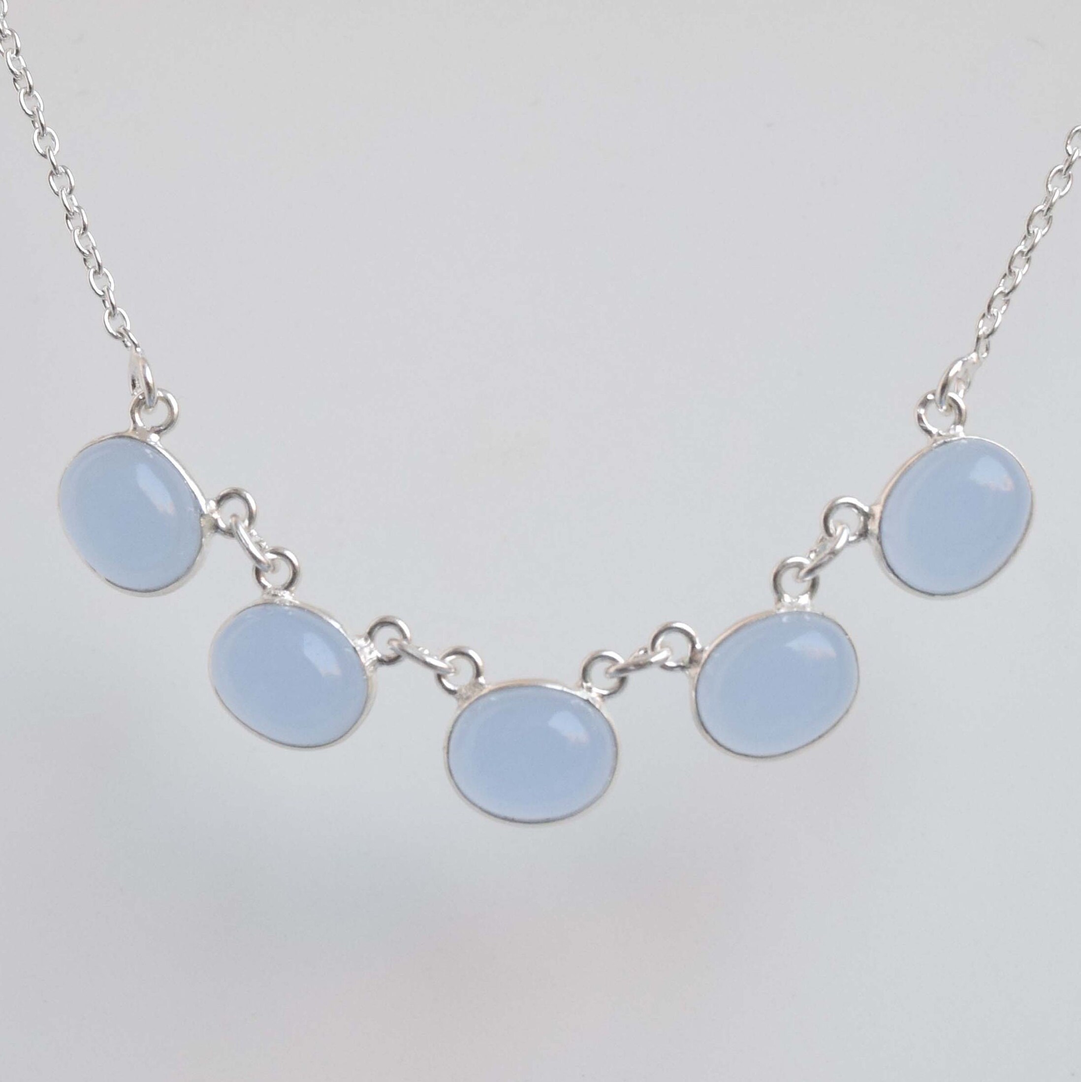 Blue Chalcedony 925 Sterling Silver Necklace: Oval Gemstone, Handmade