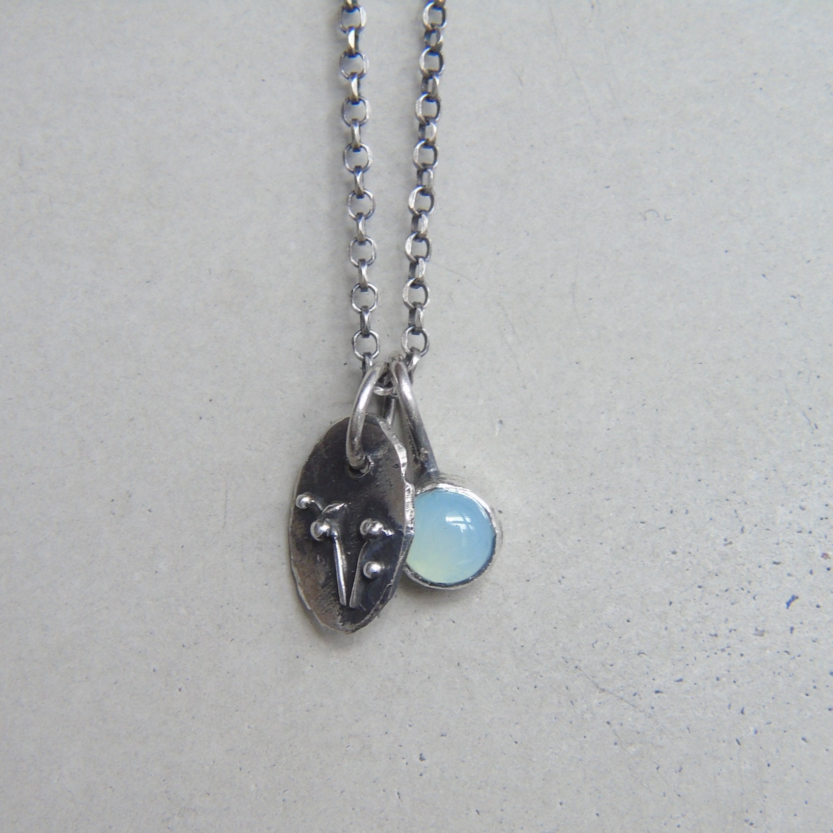 Aqua Blue Chalcedony, Botanical Charm, Delicate Charms With Necklace Aqua Blue Chalcedony, Botanical Charm, Delicate Charms With Necklace