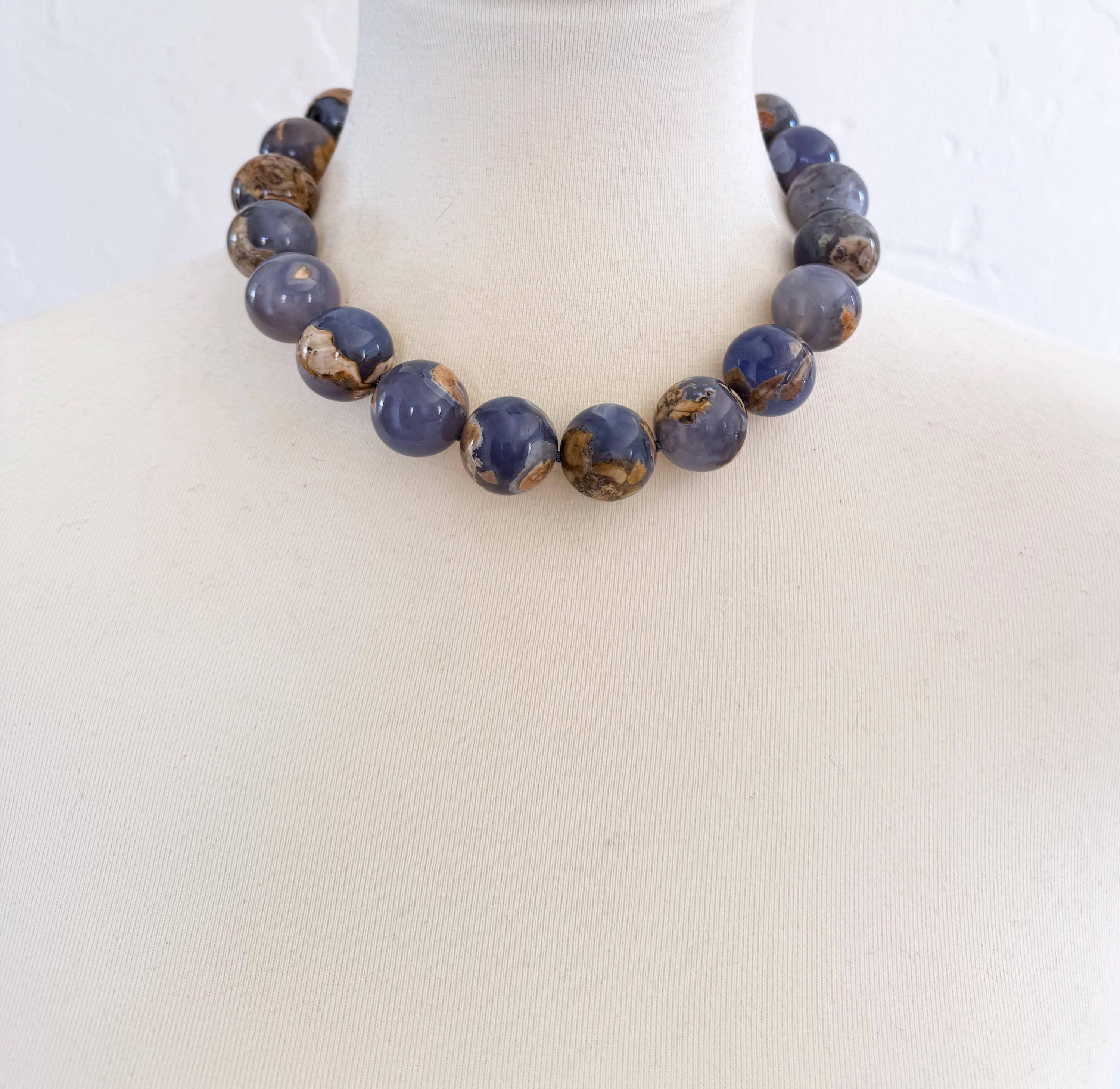 Argentinian Angel Skin Blue Chalcedony 20mm Round Beaded Necklace With Toggle Clasp - Hand Knotted